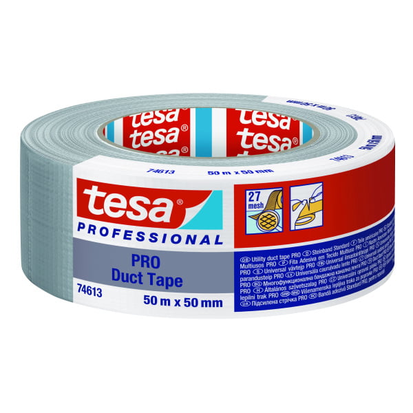 Banda adeziva tesa® PRO Duct Tape 74613, pentru reparatii si etansari, gri/argintiu, latime 50 mm, lungime 50m