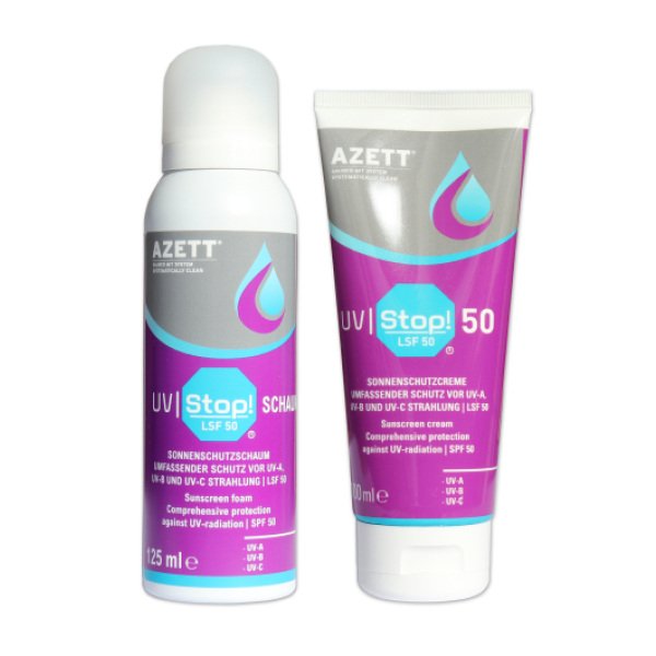 Cremă de protecție a pielii AZETT® UV STOP!, impotriva radiatiilor UVA, UVB si UVC, factor de protecție solară – SPF 50, 100ml