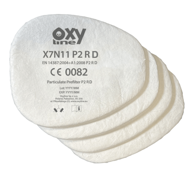 Prefiltru X7N11 P2R,  Oxyline, impotriva particulelor conform  EN 14387:2004 + A1: 2008, P2R, pentru masca OXY-X8 si semi-masca OXY-X6, 4 buc/set