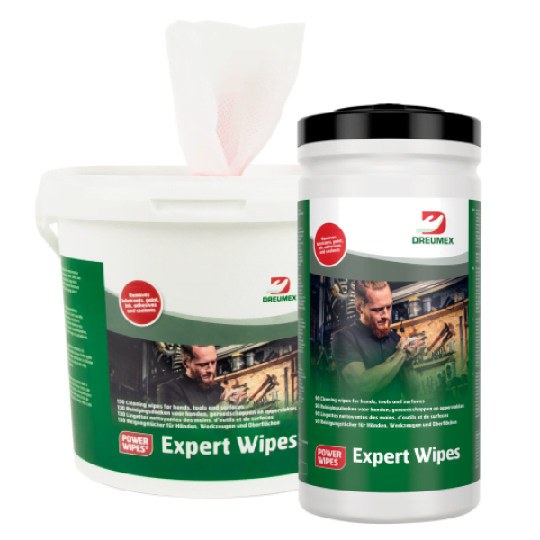 Lavete umede Dreumex Expert Wipes, pentru curatarea mainilor si a suprafetelor de ulei, grasimi, vopsea, cerneala, lipici, silicon si murdarie dificila, galetusa cu 130 de lavete impregnate, dimensiune laveta 225 x 200 mm