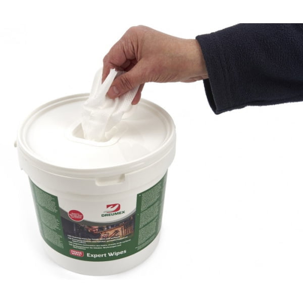 Lavete umede Dreumex Expert Wipes, pentru curatarea mainilor si a suprafetelor de ulei, grasimi, vopsea, cerneala, lipici, silicon si murdarie dificila, galetusa cu 130 de lavete impregnate, dimensiune laveta 225 x 200 mm