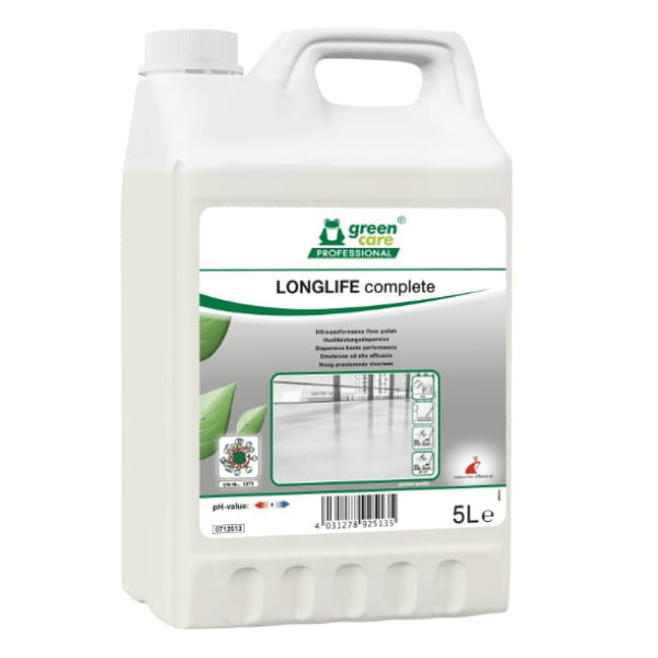 Emulsie ecologica de protectie a pardoselilor cu trafic intens, LONGLIFE Complete, tratament rezistent  pentru pardoseli, 5L, anti-alunecare, antiderapant certificat conform DIN 18032-2, Ecolabel Austria, CLP free