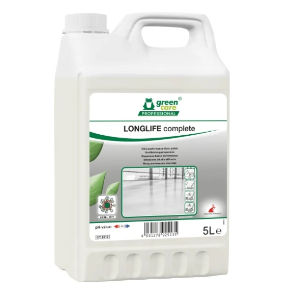 Emulsie ecologica de protectie a pardoselilor cu trafic intens, LONGLIFE Complete, tratament rezistent pentru pardoseli, 5L, anti-alunecare, antiderapant certificat conform DIN 18032-2, Ecolabel Austria, CLP free