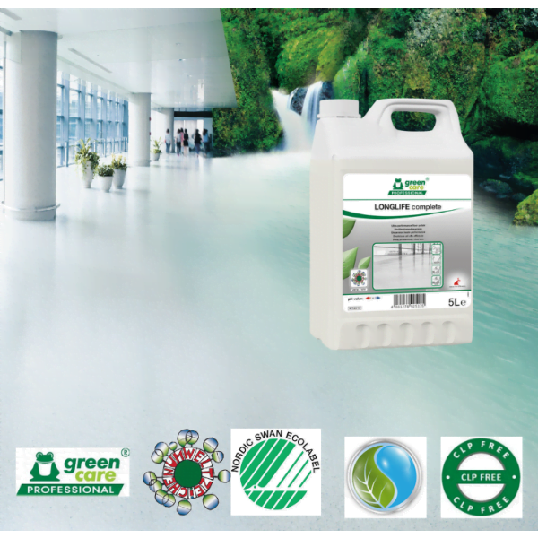 Emulsie ecologica de protectie a pardoselilor cu trafic intens, LONGLIFE Complete, tratament rezistent  pentru pardoseli, 5L, anti-alunecare, antiderapant certificat conform DIN 18032-2, Ecolabel Austria, CLP free