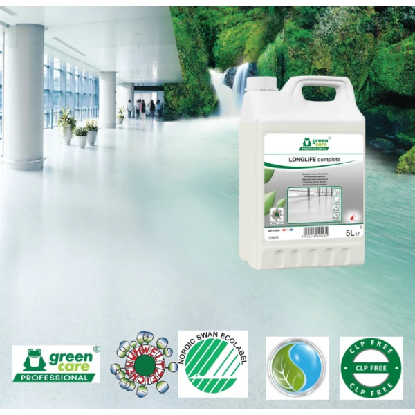 Emulsie ecologica de protectie a pardoselilor cu trafic intens, LONGLIFE Complete, tratament rezistent pentru pardoseli, 5L, anti-alunecare, antiderapant certificat conform DIN 18032-2, Ecolabel Austria, CLP free