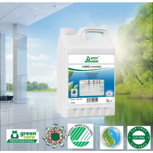 Decapant ecologic ultra-performant, LINAX Complete, indeparteaza rapid, usor, eficient pelicule persistente de pe pardoseli, fara clatire 5L, Certificat Nordic Swan, Ecolabel Austria, CLP free, Biodegradabil Complet