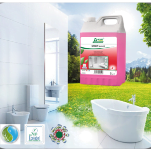 Detergent ECOLOGIC concentrat SANET Lavocid, Green Care, pentru spatii sanitare, bai si toalete, efect puternic de curatare a depunerilor de calcar, sapun, murdarie, 5l, certificat Ecolabel, CLP free, Complet Biodegradabil, Umweltzeichen,  dilutie 1%