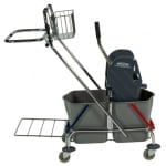Carucior de curatenie cu cadru metalic, cromat si 2 galeti , 2x17L, cu suport sac, storcator mop, cos pentru detergenti si roti din cauciuc-01
