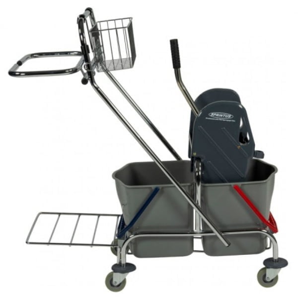 Carucior de curatenie cu cadru metalic, cromat si 2 galeti , 2x17L, cu suport sac, storcator mop, cos pentru detergenti si roti din cauciuc