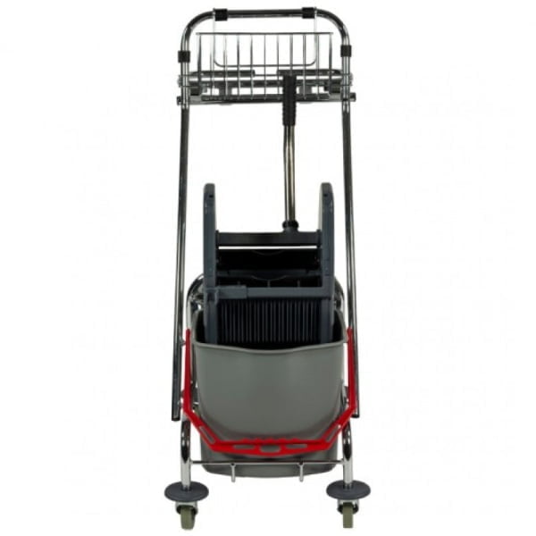 Carucior de curatenie cu cadru metalic, cromat si 2 galeti , 2x17L, cu suport sac, storcator mop, cos pentru detergenti si roti din cauciuc