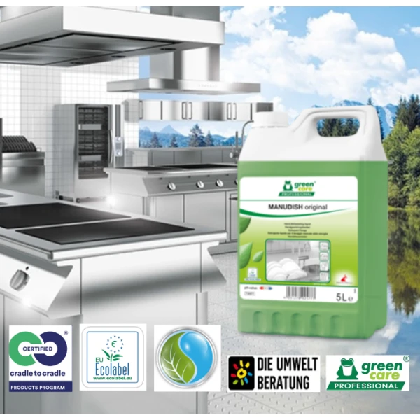 Detergent ecologic MANUDISH Original, Green Care, 5L, pentru spalarea manuala a vaselor Detergent ecologic MANUDISH Original, Green Care, 5L, pentru spalarea manuala a vaselor, compatibil cu pielea, testat dermatologic, certificat Ecolabel, Cradle-to-Cradle, Biodegradabil complet