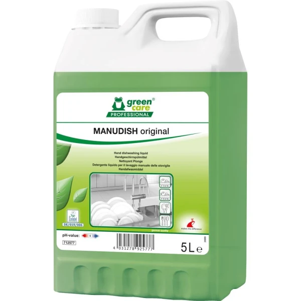 Detergent ecologic MANUDISH Original, Green Care, 5L, pentru spalarea manuala a vaselor, compatibil cu pielea, testat dermatologic, certificat Ecolabel, Cradle-to-Cradle, Biodegradabil complet