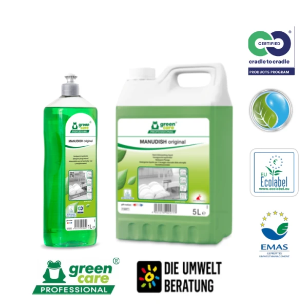 Detergent ecologic MANUDISH Original, Green Care, 5L, pentru spalarea manuala a vaselor, compatibil cu pielea, testat dermatologic, certificat Ecolabel, Cradle-to-Cradle, Biodegradabil complet