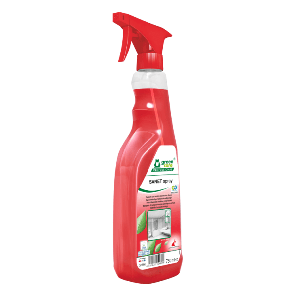 Detergent ecologic SANET Spray, Green Care, gata de utilizare, pentru spatii sanitare, bai si toalete 750ml, certificat Ecolabel, Cradle-to-Cradle, Biodegradabil complet