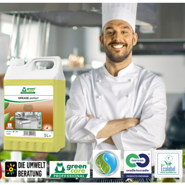 Detergent ecologic concentrat, GREASE Perfect, Green Care, 5l, degresant pentru hote si aragaze, aparate de feliat, cuptoare cu microunde, frigidere, cuptoare cu convectie, certificat Ecolabel, Cradle-to-Cradle, Biodegradabil Complet