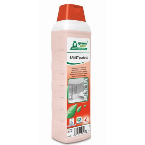 Detergent ecologic concentrat, SANET Perfect, Green Care, detartrant pentru spatii sanitare, bai, toalete, 1L, certificat Ecolabel, Cradle-to-Cradle, CLP Free, Biodegradabil complet