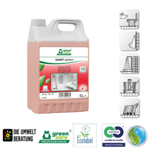 Detergent ecologic concentrat, SANET Perfect, Green Care, detartrant pentru spatii sanitare, bai, toalete, 5L, certificat Ecolabel, Cradle-to-Cradle, CLP Free, Biodegradabil complet