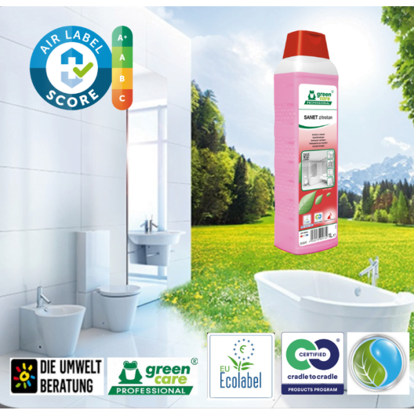 Detergent ecologic concentrat SANET zitrotan, Green Care, detartrant pentru spatii sanitare, bai, toalete, cu miros persistent, 1L, certificat A+ de catre Air Label Score, Ecolabel, Cradle-to-Cradle, CLP Free, Biodegradabil complet