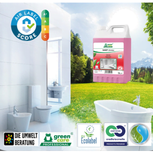 Detergent ecologic concentrat SANET zitrotan, Green Care, detartrant pentru spatii sanitare, bai, toalete, cu miros persistent, 5L, certificat A+ de catre Air Label Score, Ecolabel, Cradle-to-Cradle, CLP Free, Biodegradabil complet