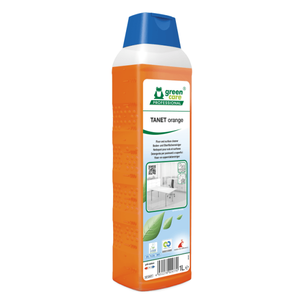Detergent ecologic concentrat TANET Orange, Green Care, cu miros de portocale, pentru pardoseli si suprafete lavabile , 1L, certificat Ecolabel, Cradle-to-Cradle, Complet Biodegradabil, CLP free, Umweltzeichen,  dilutie 0.5%