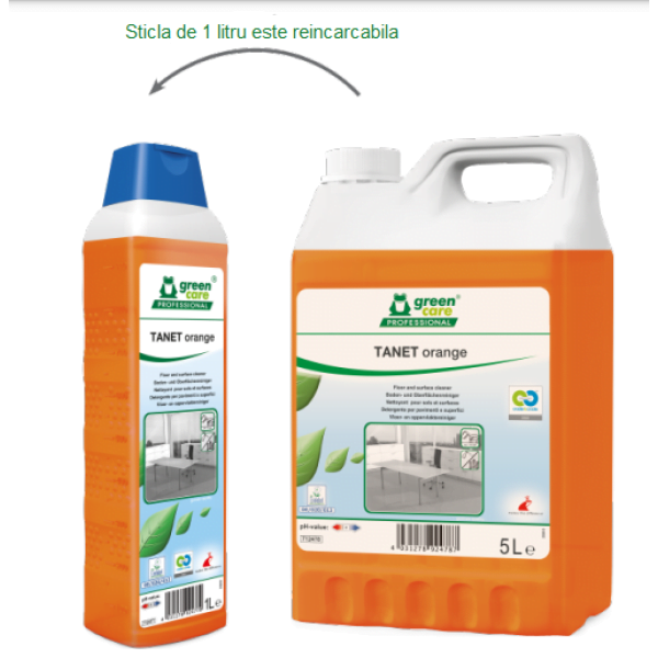 Detergent ecologic concentrat TANET Orange, Green Care, cu miros de portocale, pentru pardoseli si suprafete lavabile , 1L, certificat Ecolabel, Cradle-to-Cradle, Complet Biodegradabil, CLP free, Umweltzeichen,  dilutie 0.5%