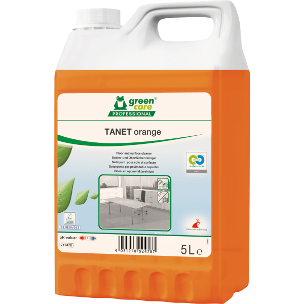 Detergent ecologic concentrat TANET Orange, Green Care, cu miros de portocale, pentru pardoseli si suprafete lavabile , 5L, certificat Ecolabel, Cradle-to-Cradle, Complet Biodegradabil, CLP free, Umweltzeichen,  dilutie 0.5%