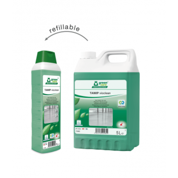 Detergent ecologic concentrat Tawip Vioclean, Green Care, 5Litri, pentru pardoseli, din PVC, linoleum, cauciuc, piatră, lemn, cu efect antistatic, antialunecare, certificat Ecolabel, Cradle-to-Cradle, Biodegradabil, CLP free