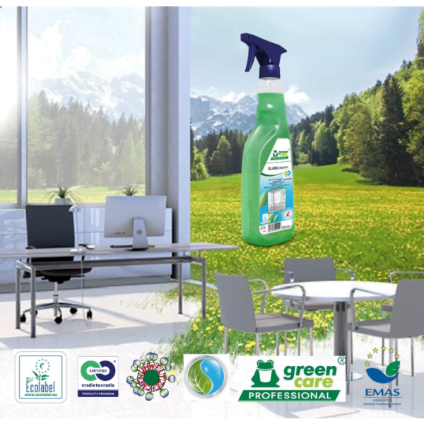 Detergent ecologic, GLASS cleaner, Green Care, pentru sticla si oglinzi, fara urme, 750ml, certificat Ecolabel, Cradle-to-Cradle, Complet Biodegradabil, gata preparat pentru utilizare