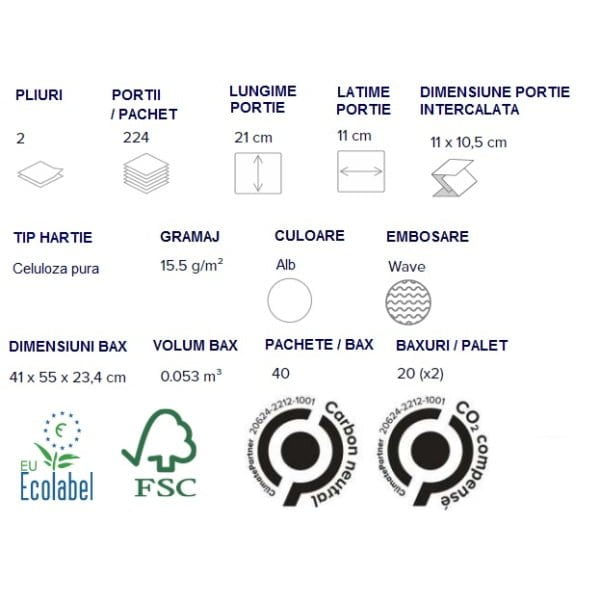 Hartie igienica bulkpack intercalata pliata Papernet Simplify 417814, dizolvabila in apa, 2 straturi, alb, celuloza, 19.4 x 11 cm, certificare Ecolabel, FSC, 224 portii/pachet, 40 pachete/bax