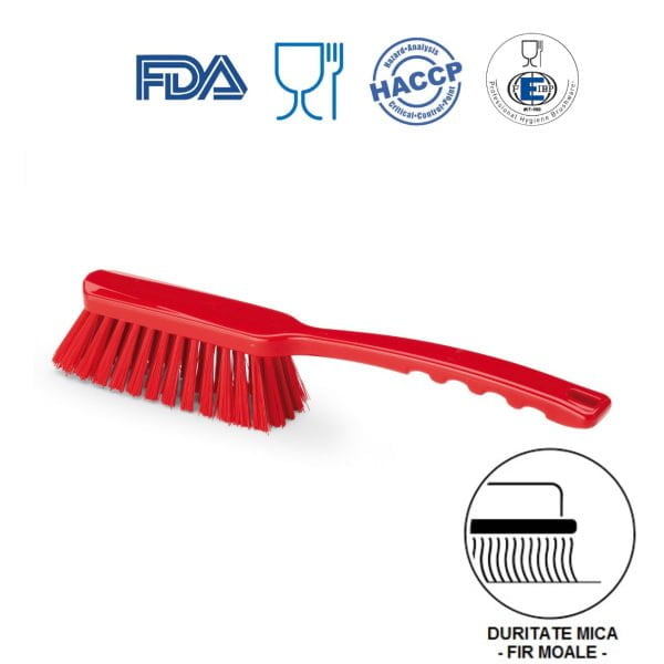Perie de mana cu maner mediu, duritate usoara, peri moi, rosie, rezistenta la 121°C,, autoclavare  pentru industria alimentara, certificare HACCP, FDA