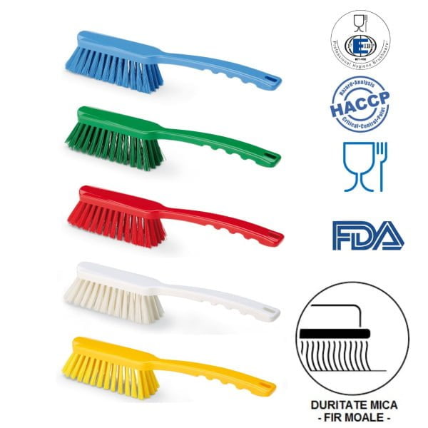 Perie de mana cu maner mediu, duritate usoara, peri moi, alba, rezistenta la 121°C,, autoclavare  pentru industria alimentara, certificare HACCP, FDA