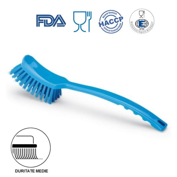 Perie de mana cu maner lung, duritate medie, albastra, rezistenta la 121°C, autoclavare  pentru industria alimentara, certificare HACCP, FDA