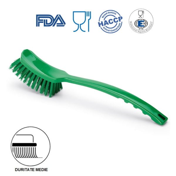 Perie de mana cu maner lung, duritate medie, verde, rezistenta la 121°C, autoclavare  pentru industria alimentara, certificare HACCP, FDA