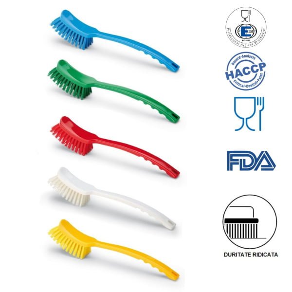 Perie de mana cu maner lung, duritate ridicata, albastra, rezistenta la 121°C, autoclavare  pentru industria alimentara, certificare HACCP, FDA