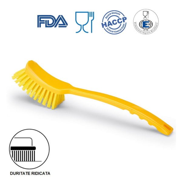 Perie de mana cu maner lung, duritate ridicata, galbena, rezistenta la 121°C, autoclavare pentru industria alimentara, certificare HACCP, FDA