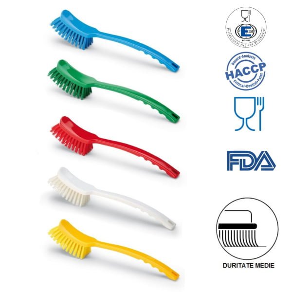 Perie de mana cu maner lung, duritate medie, albastra, rezistenta la 121°C, autoclavare  pentru industria alimentara, certificare HACCP, FDA