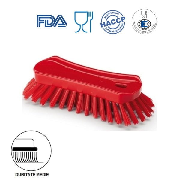 Perie de mana, 23 x 10 cm, ergonomica, duritate medie, rosie, rezistenta la 121 °C, autoclavare,  pentru industria alimentara, certificata HACCP, FDA