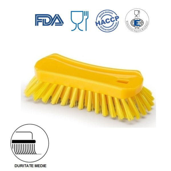 Perie de mana, 23 x 10 cm, ergonomica, duritate medie, galbena, rezistenta la 121 °C, autoclavare,  pentru industria alimentara, certificata HACCP, FDA