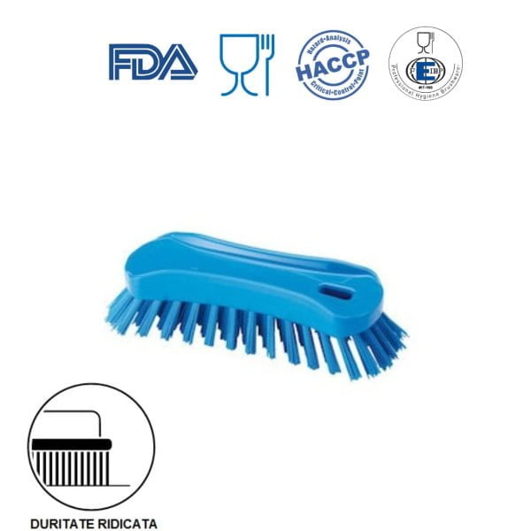 Perie de mana, 18 x 6.5 cm, ergonomica, duritate ridicata, albastra, rezistenta la 121 °C, autoclavare,  pentru industria alimentara, certificata HACCP, FDA