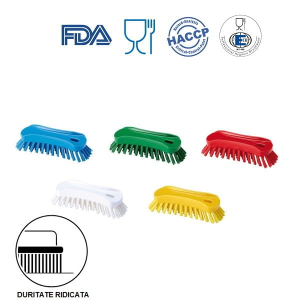 Perie de mana, 18 x 6.5 cm, ergonomica, duritate ridicata, albastra, rezistenta la 121 °C, autoclavare,  pentru industria alimentara, certificata HACCP, FDA