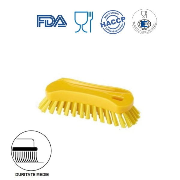 Perie de mana, 18 x 6.5 cm, ergonomica, duritate medie, galbena, rezistenta la 121 °C, autoclavare,  pentru industria alimentara, certificata HACCP, FDA
