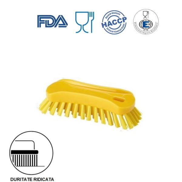Perie de mana, 18 x 6.5 cm, ergonomica, duritate ridicata, galbena,  rezistenta la 121 °C, autoclavare,  pentru industria alimentara, certificata HACCP, FDA