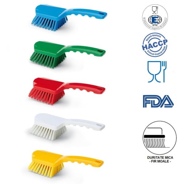 Perie de mana cu maner scurt, Igeax 1007, duritate mica-peri moi, verde, rezistenta la 121°C, autoclavare  pentru industria alimentara, certificare HACCP, FDA