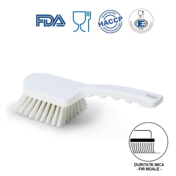 Perie de mana cu maner scurt, duritate usoara, alba, rezistenta la 121°C, autoclavare  pentru industria alimentara, certificare HACCP, FDA