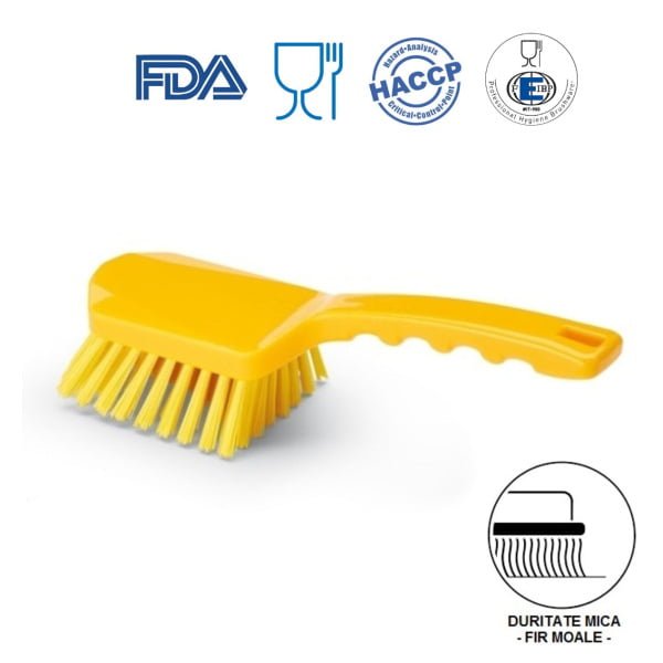 Perie de mana cu maner scurt, duritate usoara, galbena, rezistenta la 121°C, autoclavare  pentru industria alimentara, certificare HACCP, FDA
