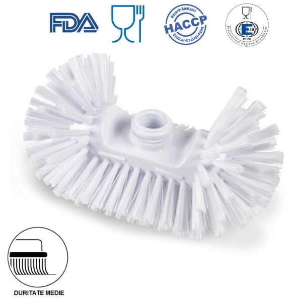 Perie semirotunda, duritate medie, alba, rezistenta la 121°C, autoclavare, pentru cisterne, rezervoare si containere rotunde, si colturi si tavane, pentru industria alimentara, certificata HACCP, FDA