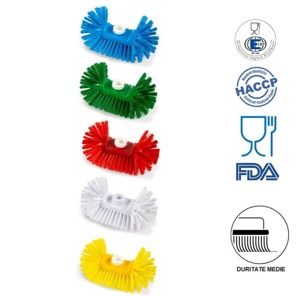 Perie semirotunda, duritate medie, galbena, rezistenta la 121°C, autoclavare, pentru cisterne, rezervoare si containere rotunde, si colturi si tavane, pentru industria alimentara, certificata HACCP, FDA