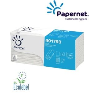 Prosoape de hartie impaturite Z, 401793, Papernet, celuloza, albe, 2 straturi, 143 portii/pachet, 20 pachete/bax, certificate Ecolabel