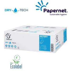 Prosoape de hartie impaturite Z, 407551, Papernet, Dry Tech, albe, 2 straturi, 130 portii/pachet, 20 pachete/bax, certificate Ecolabel