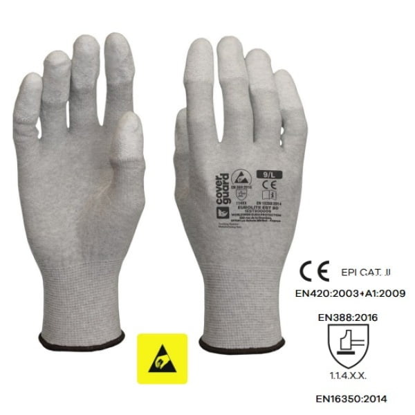 Manusi de protectie ESD cu imersie PU pe degete, EUROLITE EST80, gri, certificate EN 16350:2014, Coverguard